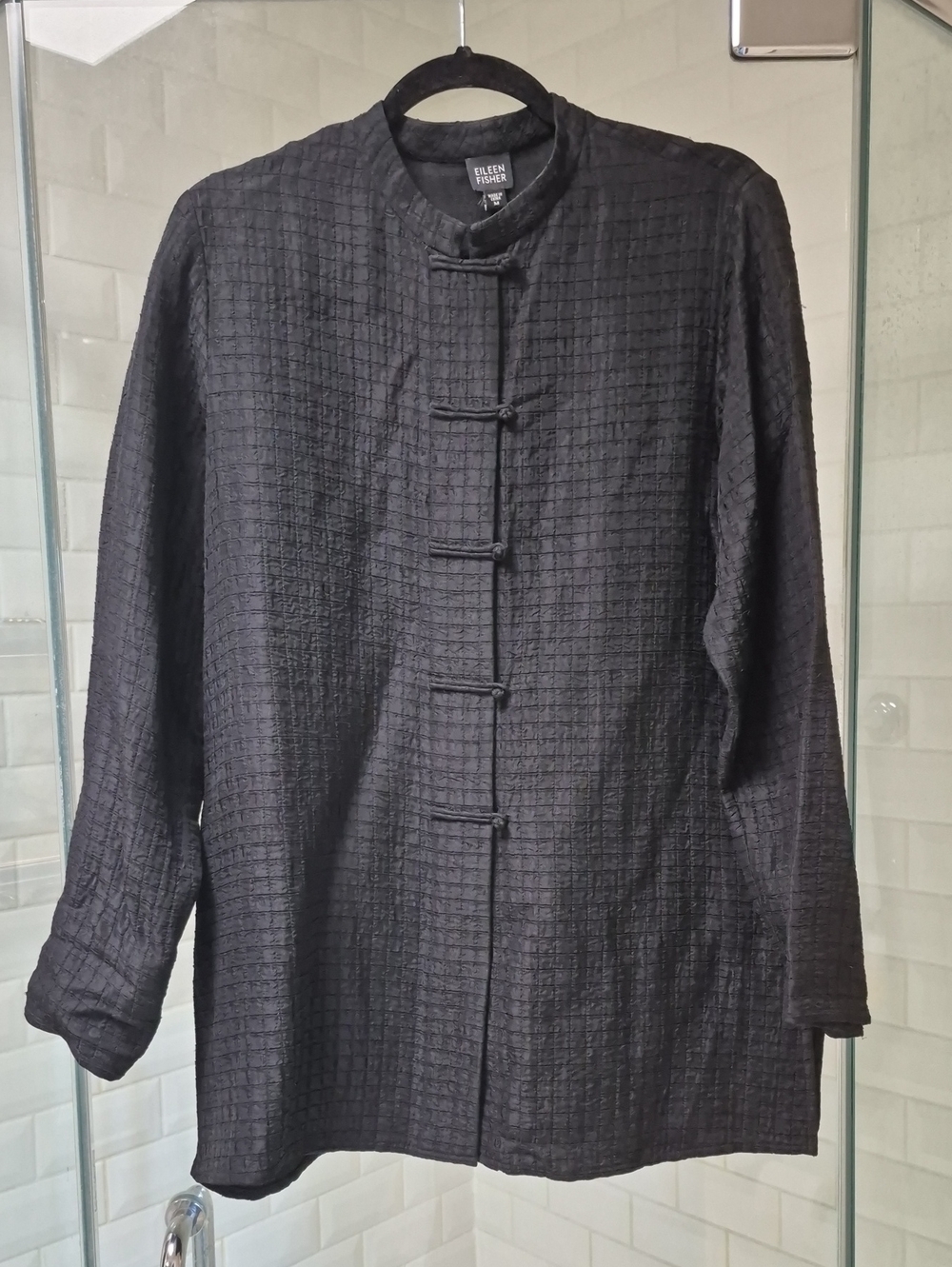 Eileen Fisher Black Textured Frog Closure Silk & Linen Tunic Top Sz M